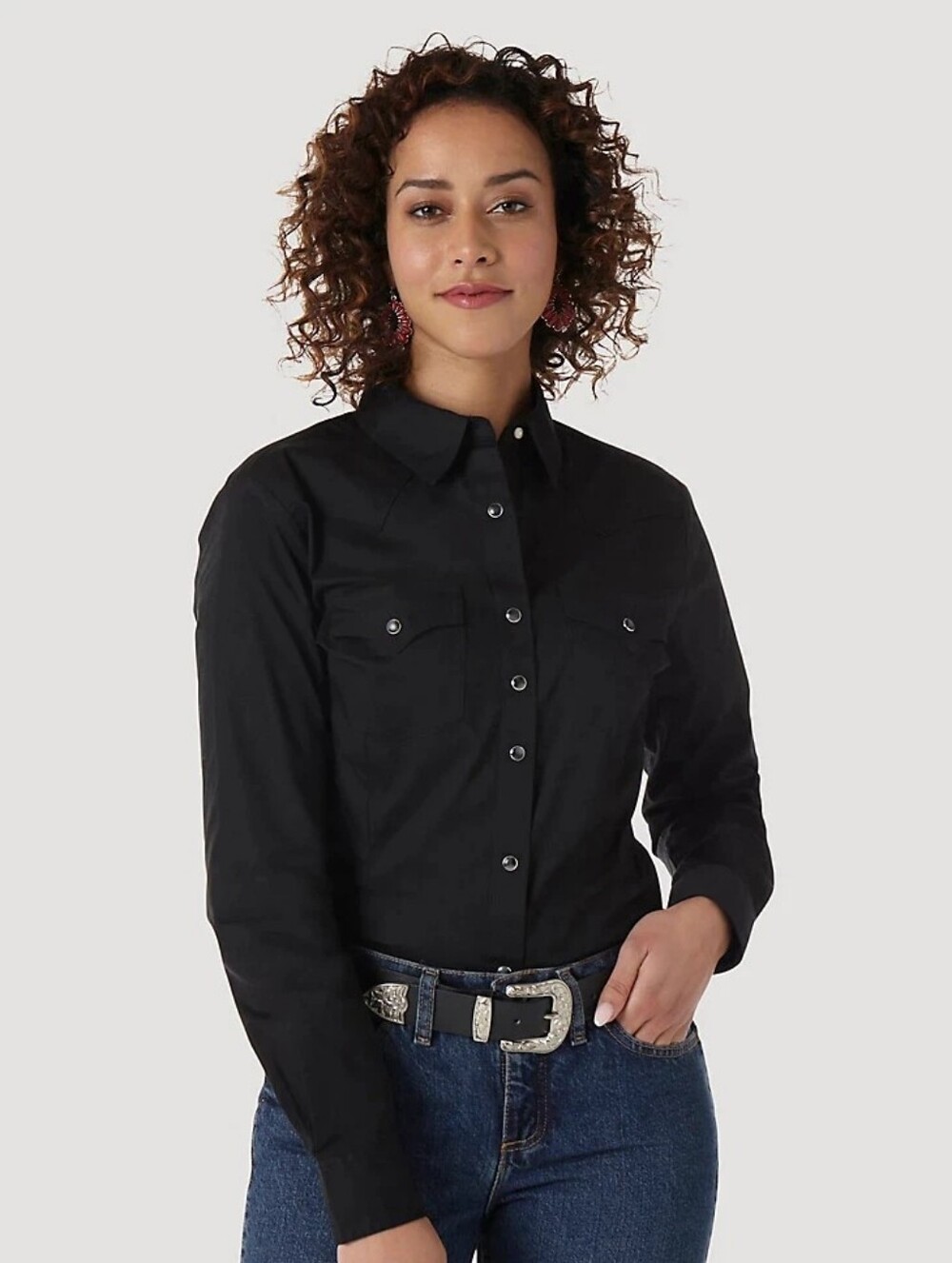 Wrangler Long Sleeve One Point Front And Back Yokes Solid Top In Black